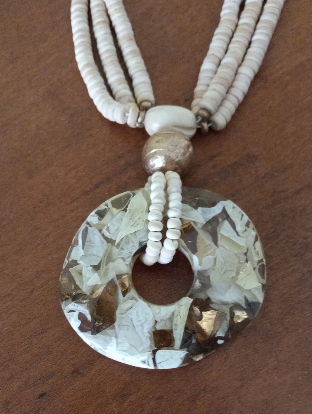 Boho Earthy Chipped Shell Mosaic Donut Pendant Necklace Multi-Row